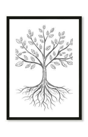 Illustration of tree with branches and roots in black and white sketch style. Vector illustration