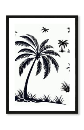 Vector  silhouette illustration of various palm trees and grass tufts scattered across a white background design