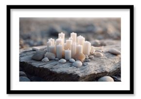 Serene scene of lit candles and seashells on weathered wood. Evokes peace, remembrance,  spirituality. Great for wellness, mindfulness,  travel themes.