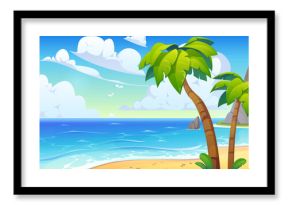 Tropical island bay and beach landscape with palm trees and blue ocean. Cartoon vector sunny lagoon with white clouds, coastal rocks, and calm sea waves. Summer exotic paradise seascape with sand