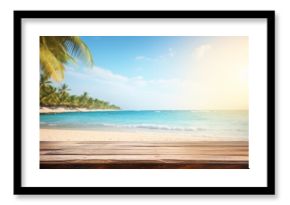 Wooden table top on blurred seascape background with palm trees and white sand beach at sunset