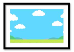 青空とたくさんの雲と草原の横長のシンプルなイラスト