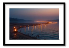 Serene Dusk Photo Floating Candles Calm Water Pebbled Shore - Tranquil Celebration Light Diwali Cultural Festivals, Spirituality Meditation Concept