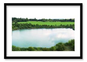 lake in green fields landscape with hills and forest, sky isolated on white or transparent png