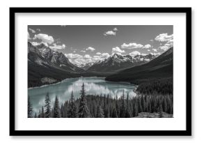 Snowy mountain terrain with trees and flowing river in a black and white summer photograph