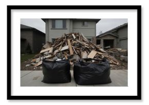 Large pile of construction debris sits on suburban driveway. Broken wood, timber, building materials mixed with two large black rubbish bags filled with rubbish. Homes in background suggest
