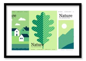 Nature and landscape. Vector modern geometric illustration of mountain, houses and tower, village, eco farm, agricultural fields, top view, line art, oak leaf, for poster, background or cover