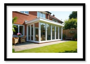 Modern white UPVC conservatory extends house with glass walls, doors, offering patio garden views. Sunproof, waterproof structure enhances living space. Features wicker chairs, table for outdoor