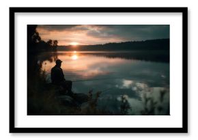 Peaceful fishing at a serene lake during sunset