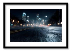Empty city street at night with eerie glow of lights