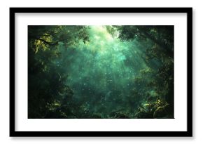 Mystical forest landscape with giant glowing moon planet rising above treetops under starlit sky, generative ai fantasy world
