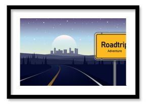 road trip adventure in night landscape with cityview vector illustration