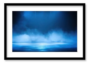 [The Blue Foggy Stage Bathed in Moody Overhead Light With Reflective Wet Floor]