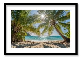 Sunlit tropical shore featuring palm tree shadows on warm sand, with a soft horizon where the beach fades into crystal-clear turquoise waters.