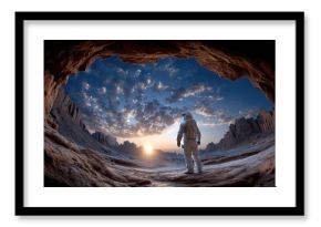 Astronaut Contemplates Alien Sunrise From Rocky Cave Entrance