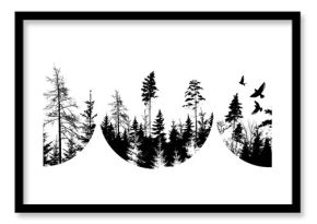 Abstract forest set. Nature Silhouette of tree and birds. hand drawn. Not AI, Vector illustration