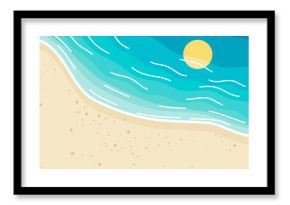 Top view of beach with blue sea water, ocean waves, and sunny sky illustrated. Summer travel and holiday getaway concept.