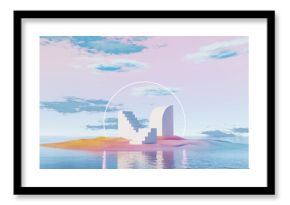 3D render, abstract geometric stairs and curved structure on pastel island with reflection
