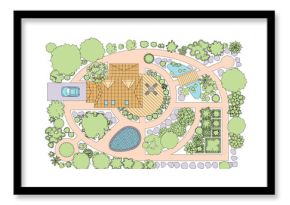 Top view of a country house with a garden, ponds, swimming pool, recreation area, paths, tree, bush, car. The plan of the estate. View from above. Aerial.