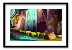 Mystical forest bridge scene with fallen log crossing stream beneath waterfall. Moss covered trunk over rocky gorge with hanging vines and cliffs for fantasy game environment or adventure illustration