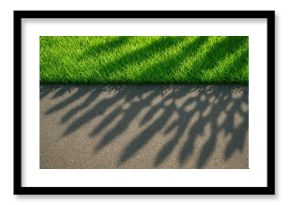 Green grass with contrasting shadows and lights on a textured asphalt background
