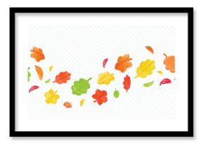 3d autumn leaves, abstract 3d fallen leaves flying in the wind in orange and yellow tones, Autumnal foliage leaves of mountain ash, oak, maple on transparent background