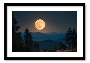 Giant orange full moon rising above mountain range at night illuminating silhouettes of pine trees