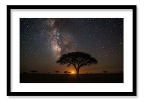 Silhouetted tree beneath a starry Milky Way during sunrise