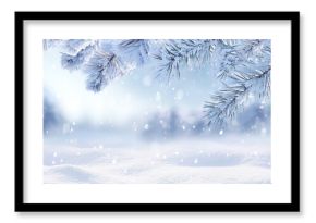 Winter natural snow background. Snowy forest with snowdrifts and snow-covered spruce branches in snowfall. Ultra wide format panorama.