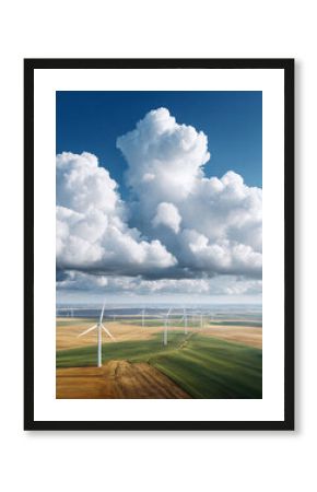 Wind turbines dot the landscape under a dramatic sky. Represents clean energy, sustainability,  technology. Ideal for environment, business,  innovation themes.