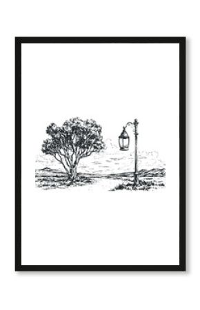 Detailed Pen and Ink Drawing of an Old Tree and Gas Lamp in a Rural Landscape