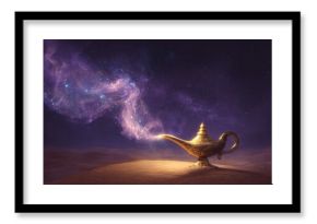 Magical genie lamp emitting mystical purple smoke in starry desert night