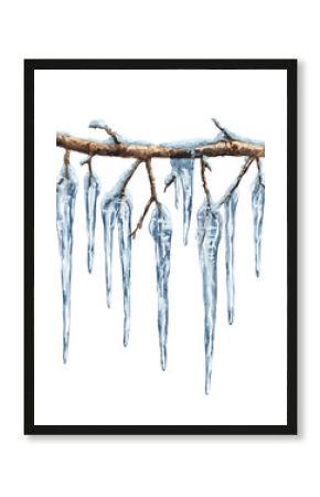 Icicles Hanging Branches, watercolor painting vector, isolated on a white background.