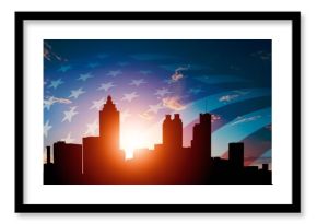 Beautiful city skyline silhouette with USA flag