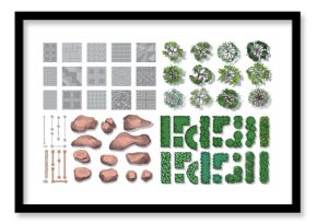 Top view of vector set for landscape design of park. Pavements, architectural elements, trees, stones. Fences, paths, tile. View from above. Aerial.