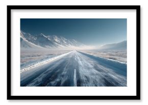 Lonely Snow-Covered Highway Stretching Through Vast hite Landscape Under Blue ky