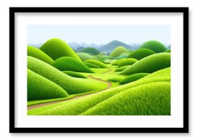 Green landscape featuring rolling grassy hills and a winding path