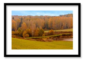 Vibrant autumn landscape with colorful foliage and rolling hills in a serene countryside setting