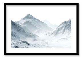 Cold alpine landscape with snow-covered slopes and ridges, isolated on transparent cutout background