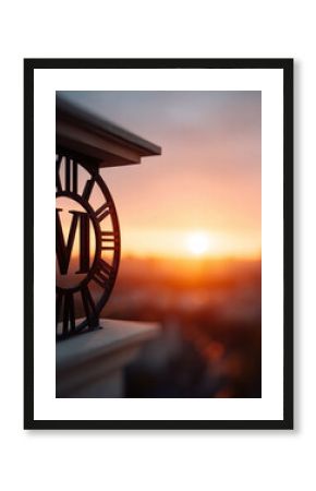 A clock face silhouette against a vivid sunrise. Captures time passing, new beginnings, and architectural beauty. Perfect for articles, blogs, or presentations.
