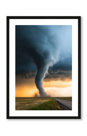 Massive tornado funnel cloud approaching open landscape.  