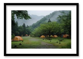 Orange camping tents standing on green grass in a valley, surrounded by lush trees and mountains, on a rainy day