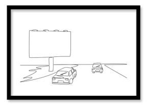 Continuous one line drawing billboards on the side of the highway and several cars. High cost digital marketing. Profitable area. National Billboard Day. Single line draw design vector illustration