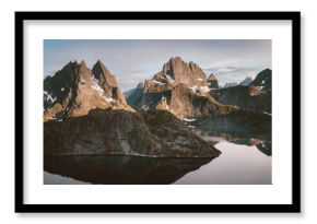 Lofoten islands in Norway sunset landscape Solbjornvatnet lake and mountains nature water reflection travel Scandinavian beautiful destinations, natural landmarks summer season tranquil scenery