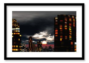 Evening city panorama against a backdrop of clouds, evening skyscrapers, 3D rendering
