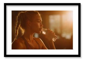 A woman with braided hair holds a bottle as the woman's silhouette is highlighted by warm sunlight. The woman and the bottle catch the light beautifully in the sunset glow.
