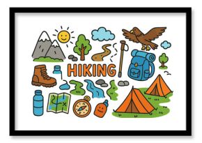 Colorful Hiking Doodle. Hiking. Colorful Hand-drawn doodle Children illustration Mountain, hiking boots, backpack, walking stick, trail, compass, water bottle,