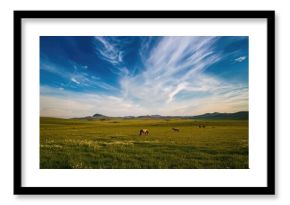 Vibrant grasslands stretching beneath a bright, partly cloudy sky