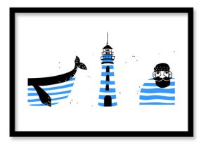 A fun and striking set of nautical vector illustrations featuring sea life and marine icons. This quirky hand-drawn art includes a stylized whale, a lighthouse, and a bearded sailor