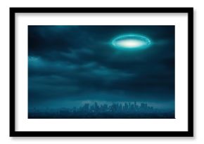 UFO concept. Mysterious UFO Appears Over Urban Skyline Under Dramatic Clouds at Night Creating an Eerie Atmosphere in Cityscape